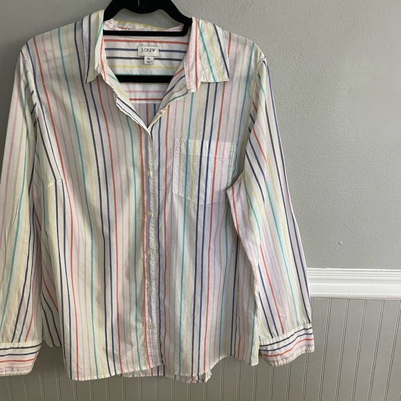 J.Crew Factory Women's Long Sleeve Oversized Rainbow Stripe Button Down Top - Picture 4 of 11